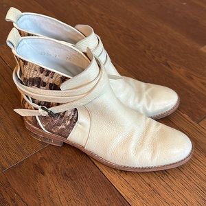 Freda Salvador Cream Leather & Brown Snakeskin Ankle Boots - Size 7.5